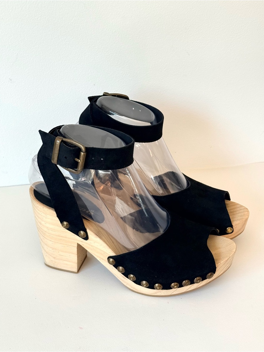 Free People Pasadena Clogs Black Suede Studded Wooden Platform Sandals Peep Toe - Picture 8 of 16